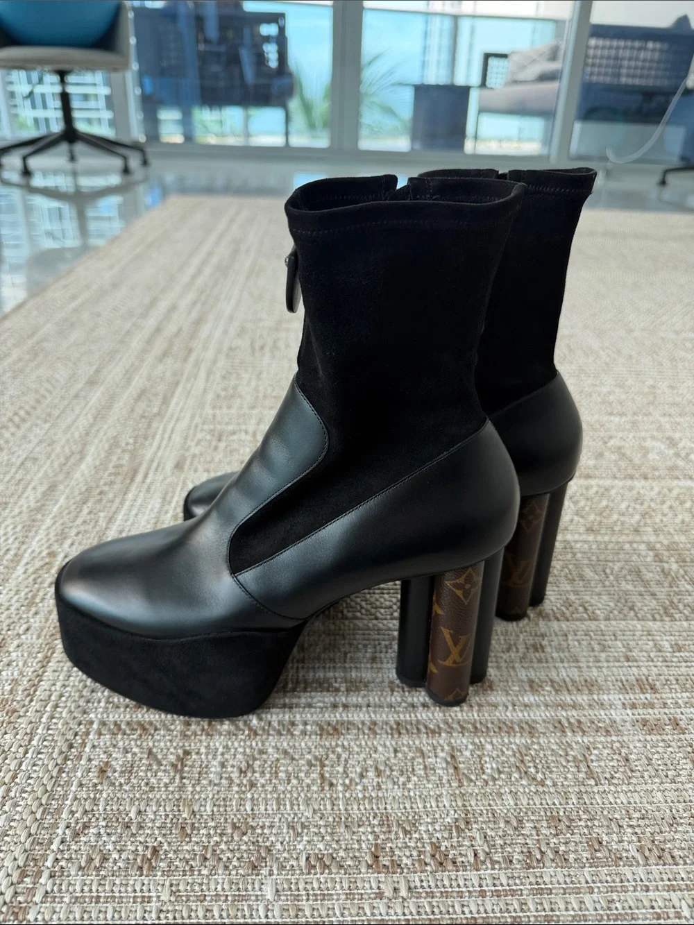 Louis Vuitton Black Platform Ankle Boots with Monogram Heel